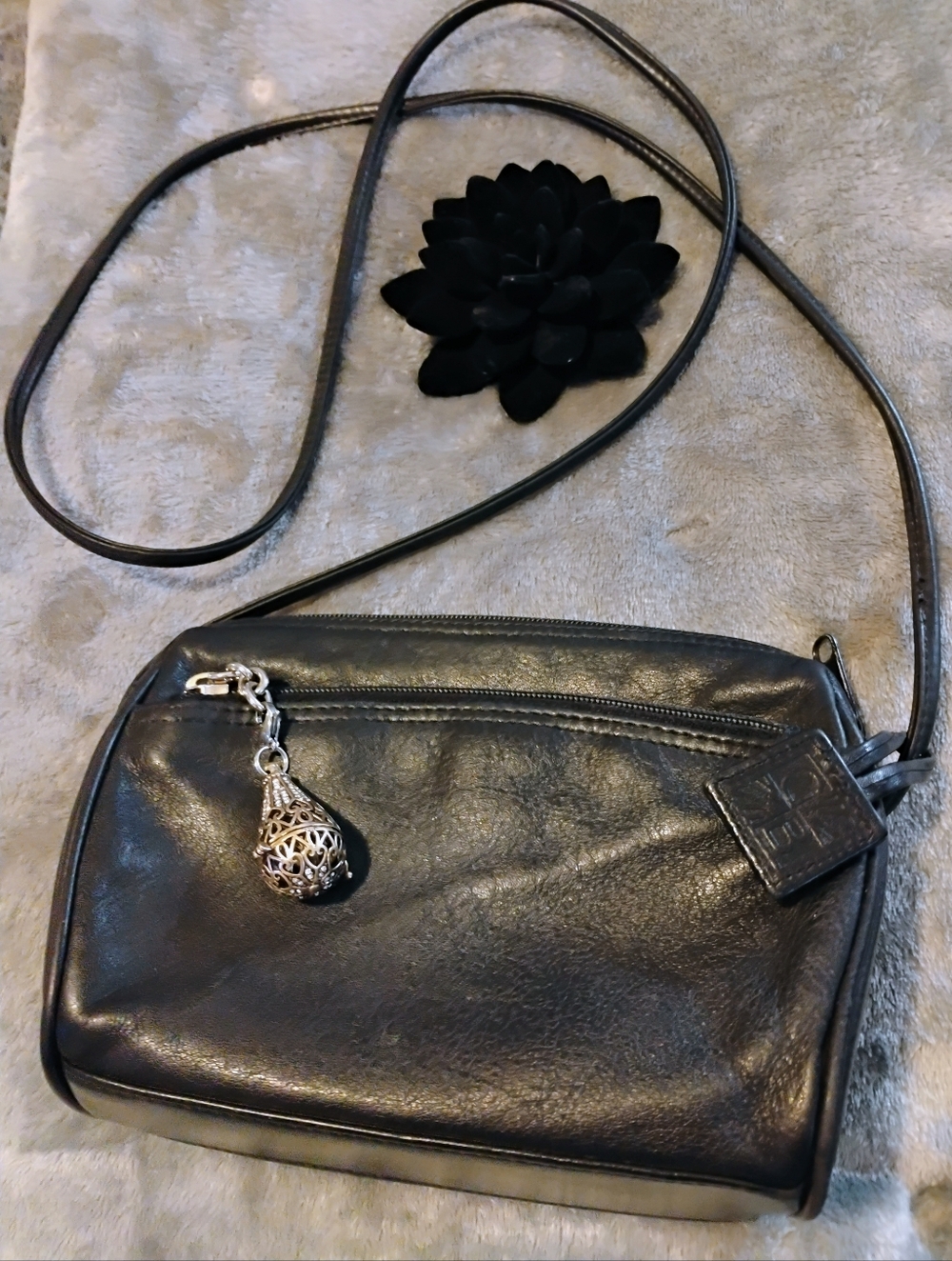 Vint Gianni Bernini Black Leather Crossbody Bag with Decorative Charm